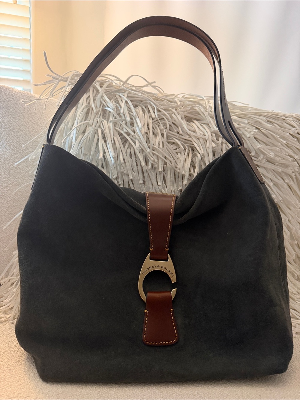 Dooney & Bourke Dk Grey Suede Hobo with Brown Leather Trim